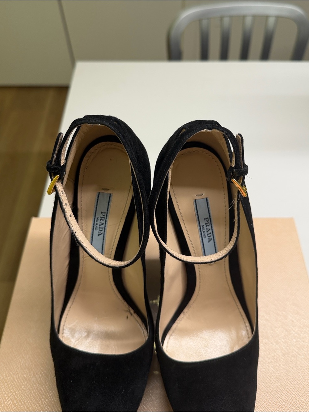 Prada Black Suede Platform Wedge Heels Ankle Strap Size 38 (US 8) With Box - Picture 6 of 10